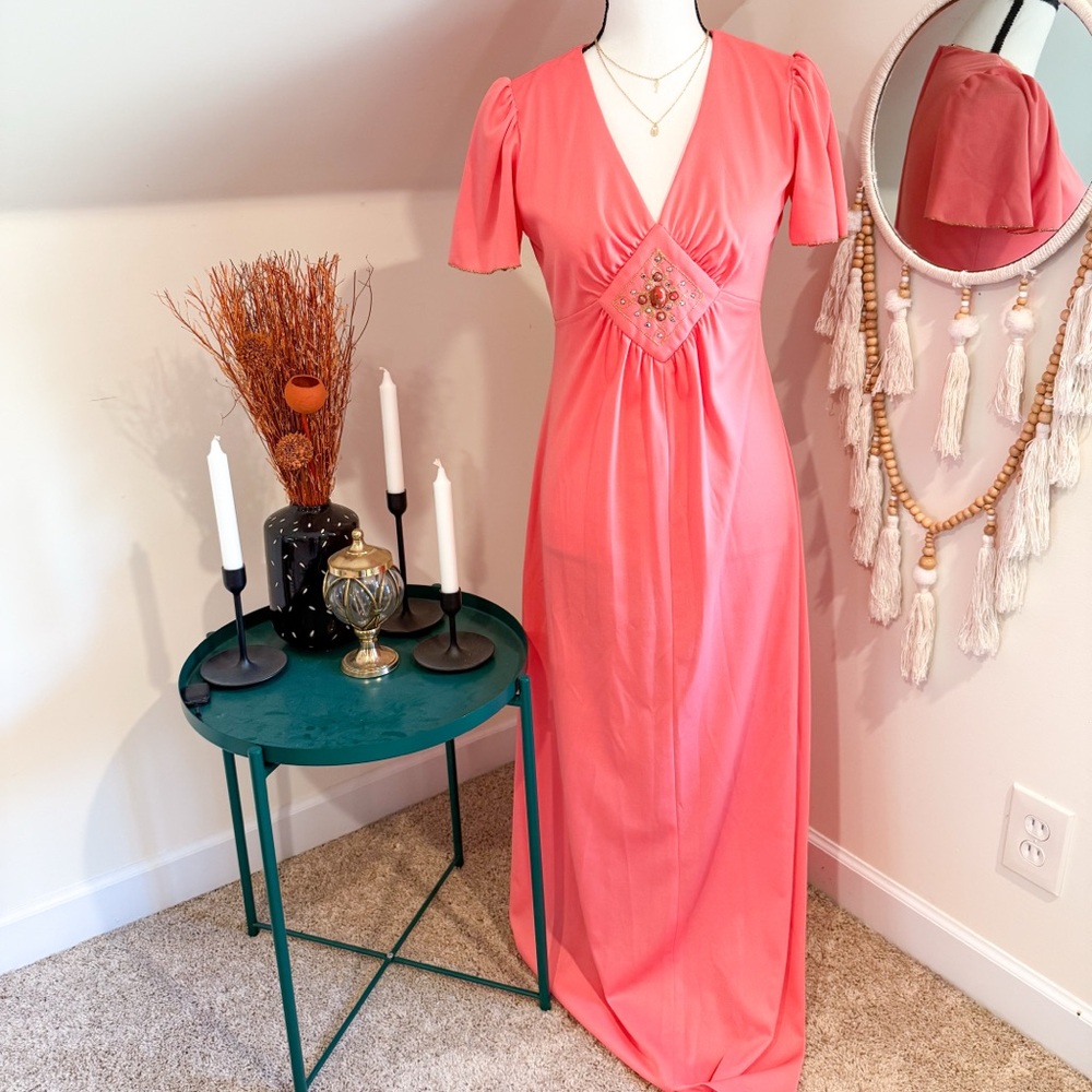 Vintage Allegra Coral Maxi Dress w/ Embellished Beaded Detail